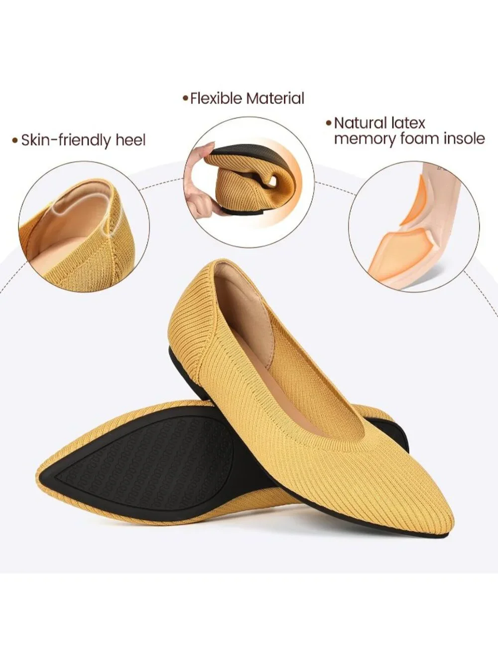 Womens Yellow Pointed Toe Comfort Foldable Slip On Dressy Knit Ballet Flat Shoes